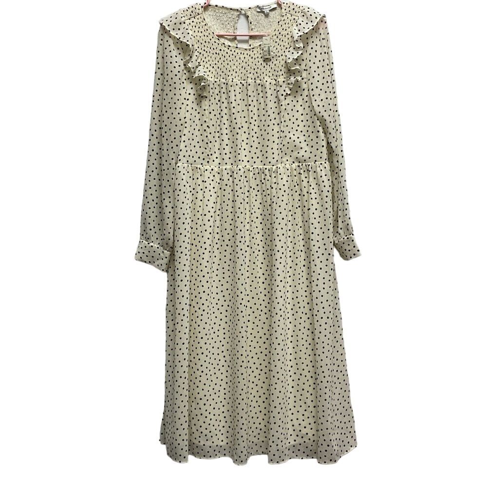 Madewell Smocked Ruffle Shoulder Sheer Midi Dress M Lined Dots Cottage core